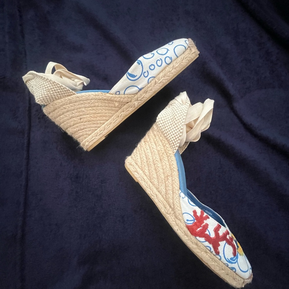 Chic Cream and Blue Espadrille Wedges with Ankle Strap